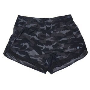 ATHLETA Womens 4” Black/Gray Camo Printed Mesh Racer Run Shorts Sz L
